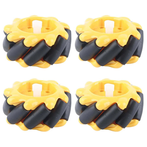 Yellow and black 60mm Mecanum Wheel set for omnidirectional smart robot car parts, featuring durable materials, ideal for DIY projects.