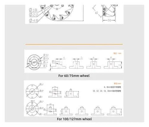 Technical drawings for Metal Wheel 4 Wheels/Set Omni Metal Mecanum Wheel, 100mm Omnidirectional Wheel with various dimensions.