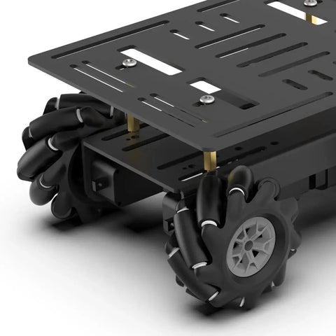 Close-up of Mecanum Wheel Robot Chassis Kit with 360 Degree Omnidirectional Wheels, showing aluminum alloy frame and 66mm black wheels