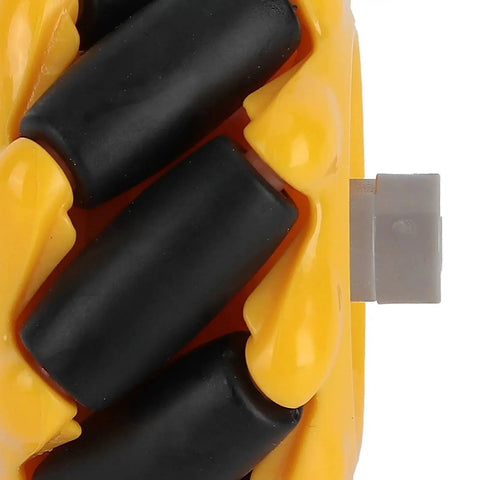 Close-up of Advanced Mecanum Wheel Set for Robot Car Platforms with Four Wheel Drive, rubber-coated, in yellow and black.