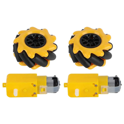 Top view of Advanced Mecanum Wheel Set for robot car platforms with rubber-coated wheels and gear motor for four-wheel drive DIY projects.
