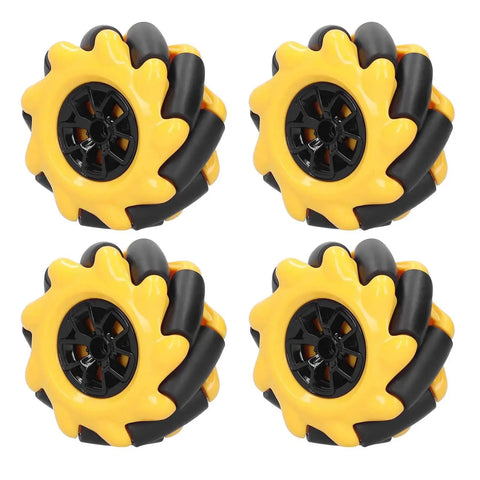 Mecanum Wheel Set for Four Wheel Drive RC Cars and Smart Robots Durable Yellow and Black 2.4 Inch Robot Wheels With Dope Movement Modes DIY Toy Component Two Pairs Chiciris For Serious DIY Fans shown in a set of four.