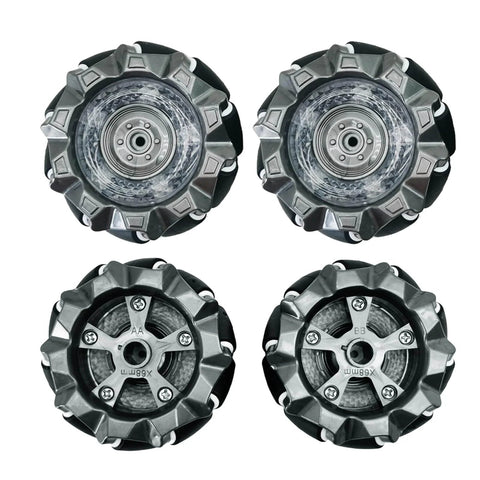 DIY Mecanum Wheel Robot Car Kit with 4WD omnidirectional chassis showing four 2.68 inch mecanum wheels from different angles.