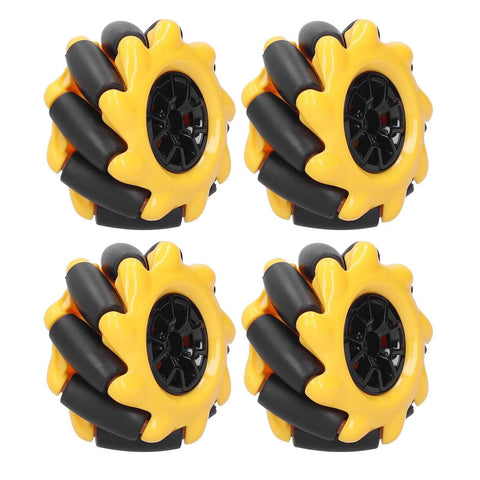 Four yellow and black Mecanum Wheels for DIY Smart Car Accessories