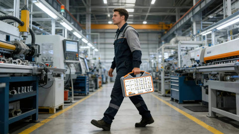 Worker carrying 612-Piece SAE Grade 8 Bolts And Nuts Kit, Heavy Duty Yellow Zinc Plated, in a manufacturing facility.