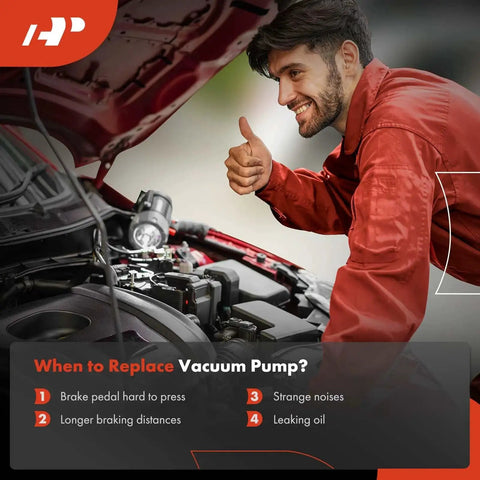 Mechanic inspecting engine with text on vacuum pump replacement signs, "Vacuum Pump Replacement For Ford And Lincoln Vehicles With 3.5L V6 Engine Direct Fit For F 150 2013 2018 Expedition 2015 2017 Navigator 2015 2017 Transit 150 250 350 350 HD 2015 2023 A-Premium."