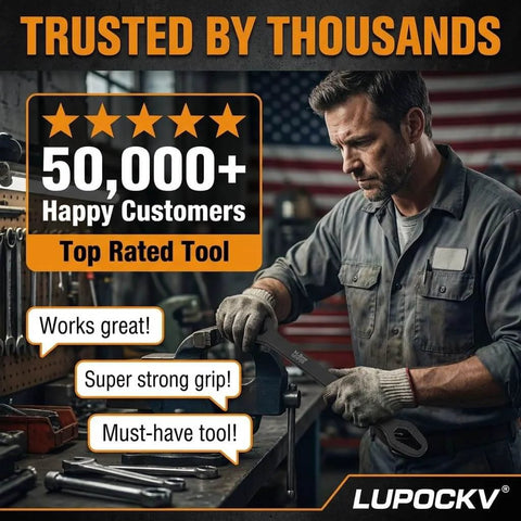 Man in workshop using wrench with super strong grip testimonial in foreground, American flag in background