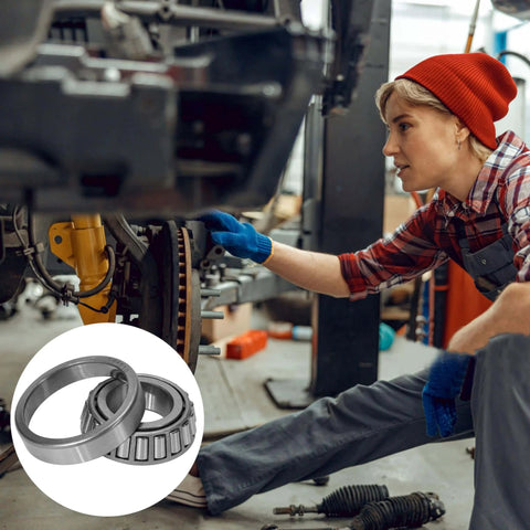 Person inspecting vehicle with inset of L44643/L44610 Tapered Roller Bearing Cone and Cup, 1.0000" Bore x 1.9800" OD x 0.5906" Chrome Steel