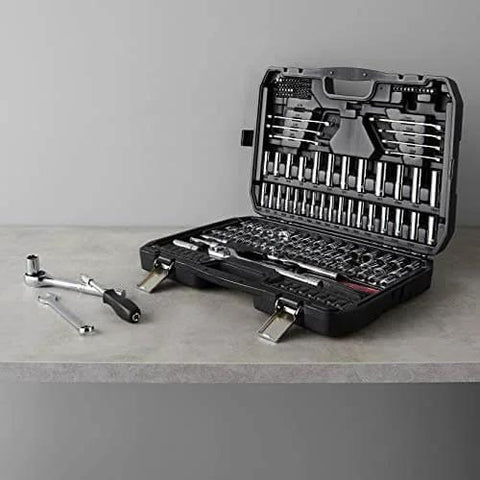 Mechanic's Socket Tool Set With Case, SAE and Metric Sizes, 201-Piece displayed open with tools on surface