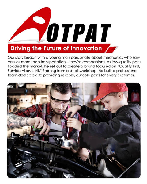 Mechanic teaching a young boy about car engine mechanics in a workshop; logo and text overlay with company history.