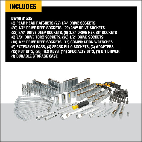 Durable 247-Piece Mechanic Tool Set With One Quarter, Three Eighths, And One Half Inch Drives, SAE Sockets, Ratchets, Hex Keys