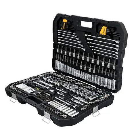 Durable 247-Piece Mechanic Tool Set With One Quarter, Three Eighths, And One Half Inch Drives, SAE Sockets, Ratchets, Hex Keys, And Wrenches in open case