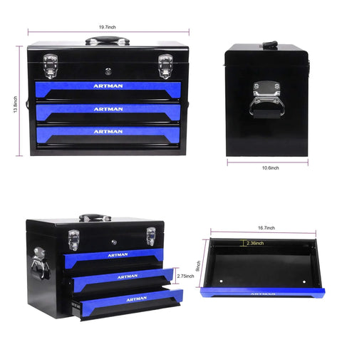 439-Piece Mechanic Tool Set in Heavy-Duty 3-Drawer Steel Box with 4-Tier Socket, Wrenches & Pliers. Portable blue household kit.