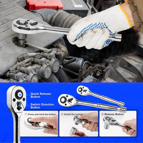 Mechanic using tool from 240-Piece Mechanic Tool Set With Heavy Duty Aluminum Toolbox, Universal Household Auto Repair Kit