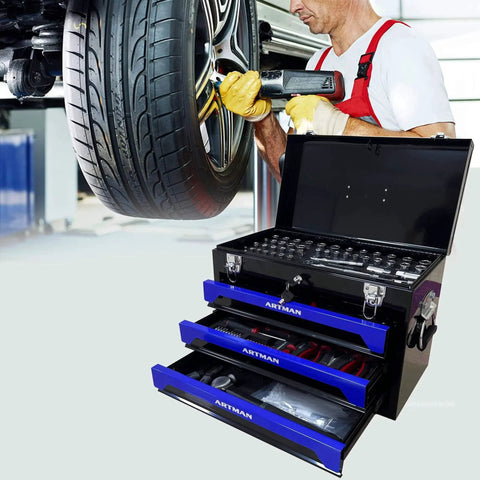 Mechanic using 439-Piece Mechanic Tool Set in Heavy-Duty 3-Drawer Steel Box with 4-Tier Socket, Wrenches & Pliers. Portable in garage.