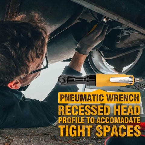 Mechanic using 3/8-Inch Air Ratchet Wrench, Professional Pneumatic Ratchet Wrenches for Auto Maintenance and Repair Work, Maximum Torque 60 FT-LBS under a car.