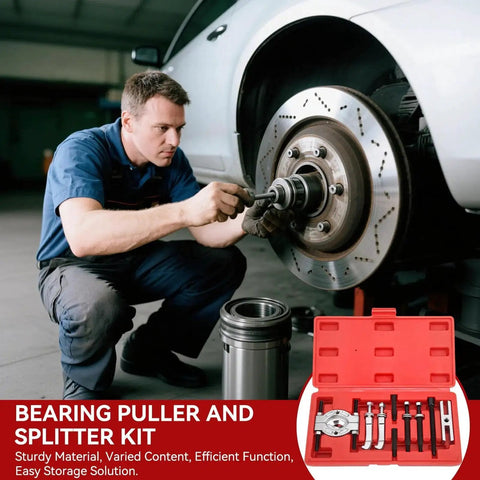 Mechanic using Bearing Separator And Puller Set 9 Piece Portable Heavy Duty Bearing Splitter Tool Kit with red case on car wheel
