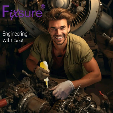 Man using Fixsure glue on machinery in workshop with equipment in background
