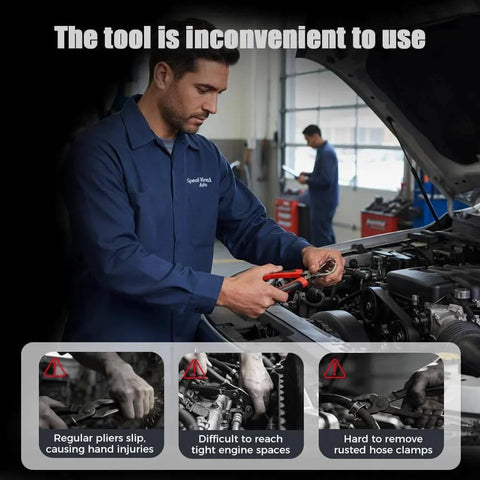 Mechanic using standard pliers on car engine with warning labels about hand injuries and tool inconvenience.