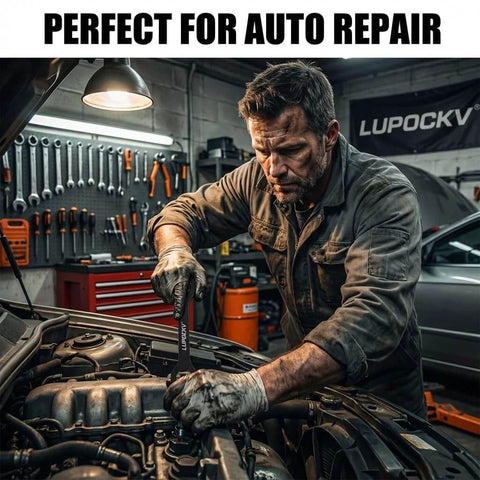 Mechanic using Self Adjusting Universal Wrench Set Double End Tool 8 To 22 Millimeters Multi Size For Automotive Repairs