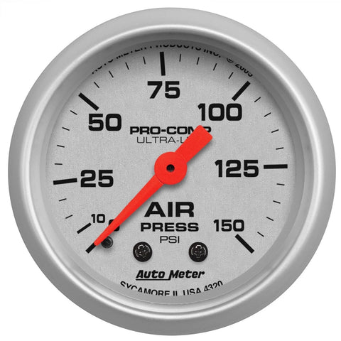 Auto Meter Ultra-Lite mechanical air pressure gauge, 2 1/16 in dial, silver face, red needle.