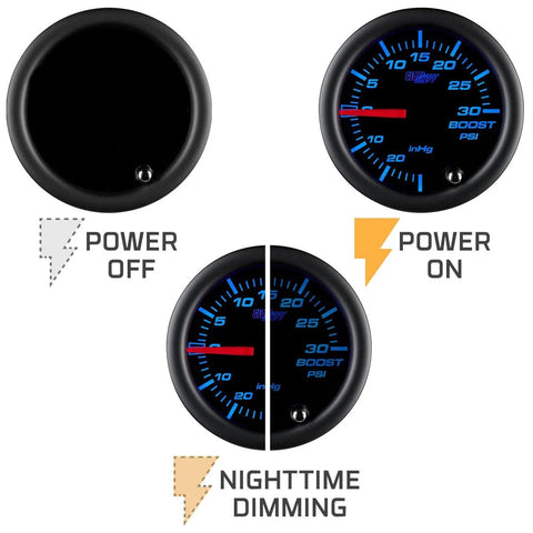 GlowShift 52mm Turbo Boost/Vacuum Gauge Kit with black dial, smoked lens, blue backlit display.