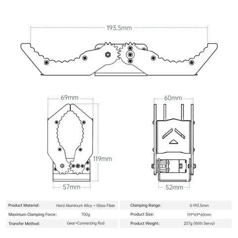 Mechanical Claw Gripper For Robotic Arm DIY Kit dimensions and specifications diagram