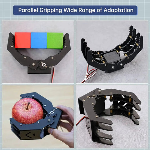 Mechanical Claw Gripper For Robotic Arm DIY Kit With Servo And Tester gripping blocks and an apple, showcasing wave edge design.