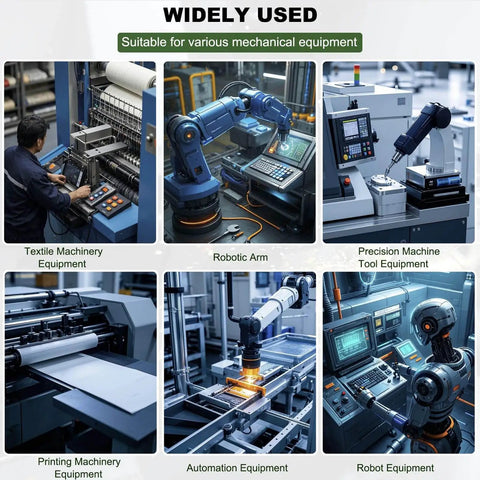 Collage of industrial machinery: textile, robotic arm, precision, printing, automation, and robot equipment across six images.