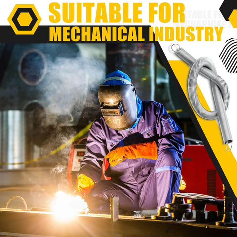 Welder in safety gear working; inset image of Six Pack 11.8 Inch Extension Springs With Dual Hook Ends, 0.31 Inch Wire Diameter And 0.39 Inch Coil.