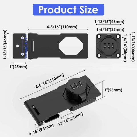 Mechanical Password Rotary Hasp Locks, Cabinet Locks with Combination dimensions and design shown, black color, various angles displayed