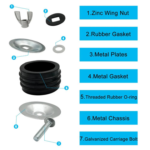 Diagram showing parts of a Sturdy Steel Mechanical Test Plug For Sewer Cleanouts With Galvanized Screw And Wing Nut 4 Inch Cap.