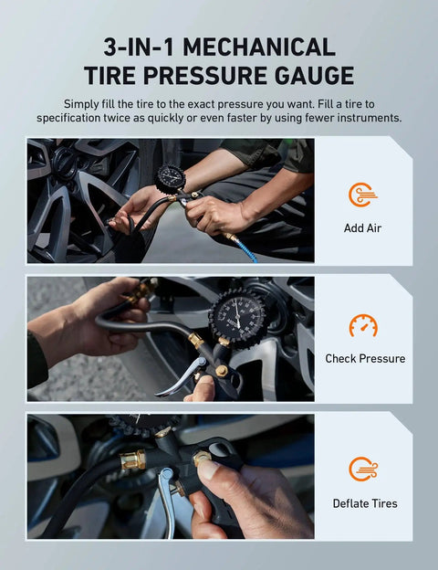 3-in-1 tire pressure gauge being used to add air, check pressure, and deflate tires with close-up views