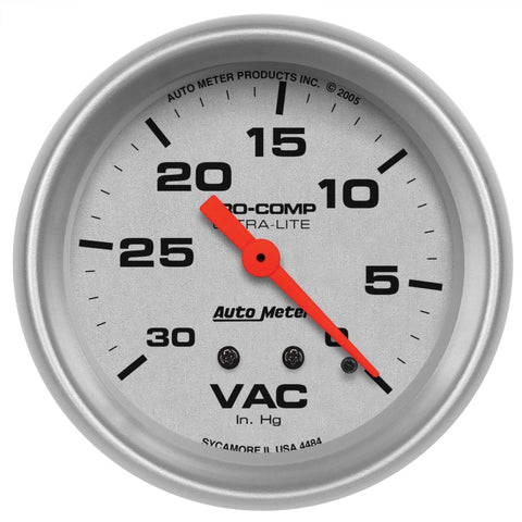 Auto Meter 4484 Ultra-Lite vacuum gauge, mechanical, 2.625 in, silver bezel, red needle