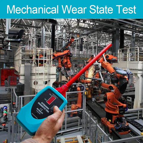 Allsun ultrasonic leak detector handheld with blue body and red probe in an industrial robot factory