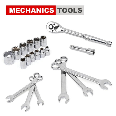 236-Piece Home Repair Tool Set With 12-Inch Wide Mouth Storage Bag, including wrenches and sockets, for home improvement, red.