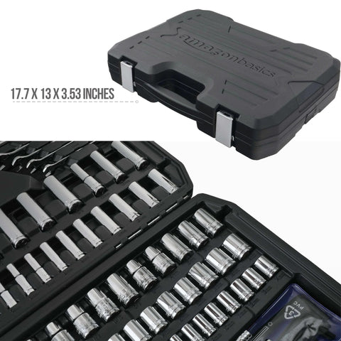 Mechanic's Socket Tool Set With Case, SAE and Metric Sizes, 201-Piece, chrome sockets and black case with dimensions shown