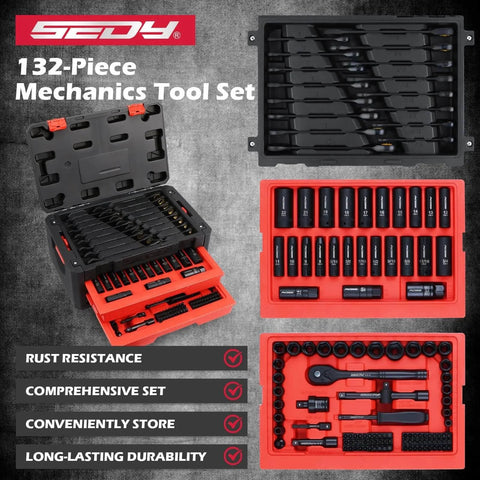 132-Piece Mechanics Tool Set with SAE/Metric sockets, ratcheting wrenches, extensions, adapters and storage case.