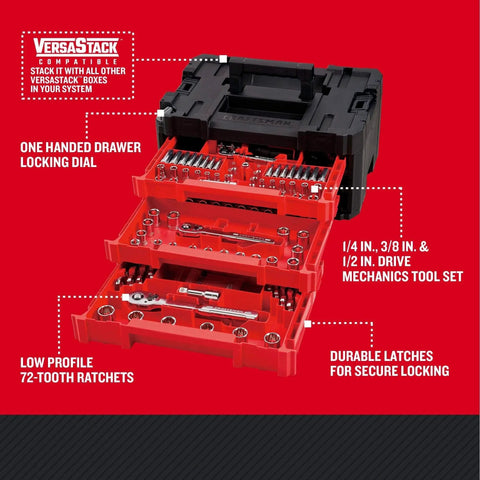 230 Pcs Mechanics Tool Set with VERSASTACK Toolbox showcasing organized sockets and ratchets in drawers