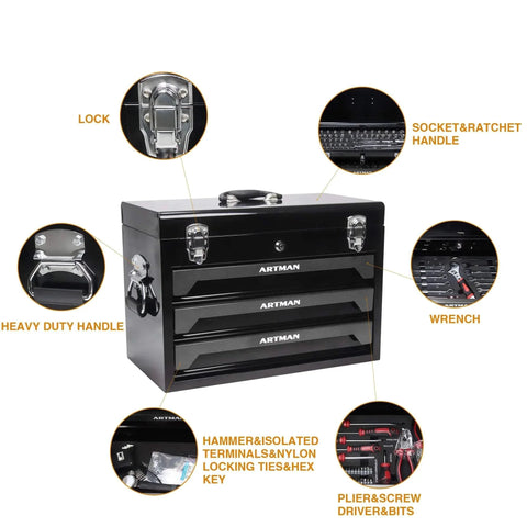 439 Piece Mechanics Tool Set, 3 Drawer Heavy Duty Metal Box with Household Tool Kit, Portable Tool Organizer Case for Auto Repair