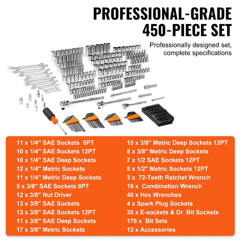 Premium Mechanics Tool Set With Deep And Standard Sockets In One Quarter Inch Drive, Three Eighths Inch Drive, And One Half Inch Drives, 450 Piece SAE And Metric Kit With Bits, Combination Wrenches, Hex Keys, Accessories, And Durable Storage Case