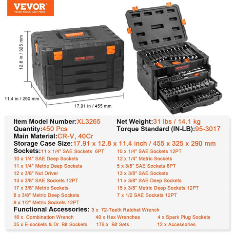 Premium Mechanics Tool Set With Deep And Standard Sockets In One Quarter Inch Drive, Three Eighths Inch Drive, And One Half Inch Drives, 450 Piece SAE And Metric Kit With Bits, Combination Wrenches, Hex Keys, Accessories, And Durable Storage Case