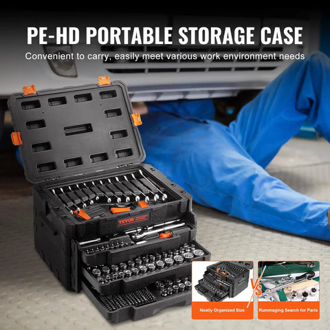Premium Mechanics Tool Set With Deep And Standard Sockets In One Quarter Inch Drive, Three Eighths Inch Drive, And One Half Inch Drives, 450 Piece SAE And Metric Kit With Bits, Combination Wrenches, Hex Keys, Accessories, And Durable Storage Case open on floor