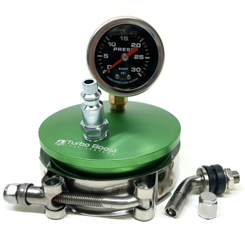 Boost leak tester kit, aluminum 3-inch end cap, Amazon brand, green base with gauge and metal fittings