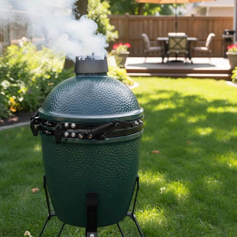 Outdoor scene with a Medium Green Egg grill featuring 2 pack hinge springs for Medium Green Egg grill 304 stainless steel replacement parts