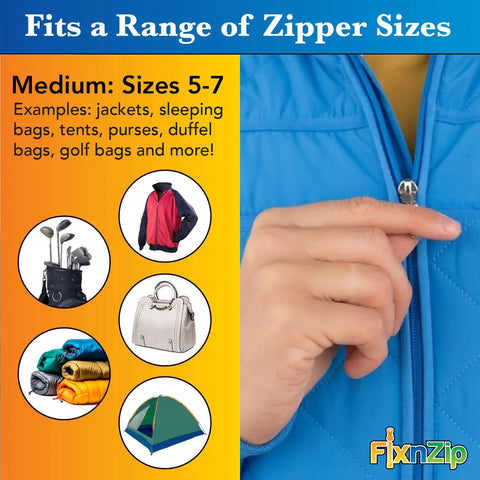 Hand using Medium Black Nickel Zipper Repair Kit That Fixes Jackets Sleeping Bags Tents And Duffel Bags With No Sew Slider Replacement Universal Tool For Instant Reusable Zipper Repair Sizes 5 To 7 By FixNZip.