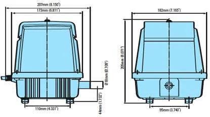 Dimensional drawing of Medo LA-45 Piston Air Pump showing measurements from front and side views.