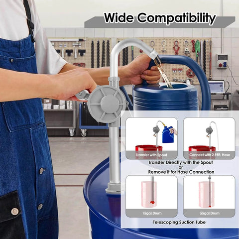 Person using MEKOTRIN 55 Gallon Drum Pump, 7GPM All Aluminum Hand Oil Pump with a blue barrel, showing wide compatibility features.