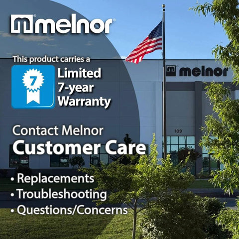 Melnor building exterior with American flag and customer care information, including warranty and contact details.