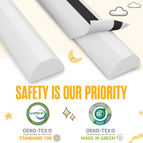 Close-up of Two Pack Memory Foam Toddler Bed Rail Bumpers with Dual Non Slip Pads, Certipur and OEKO-TEX certifications shown.